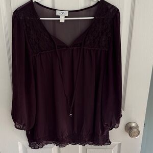 LOFT Women's Deep Purple Blouse with Lace Accents
